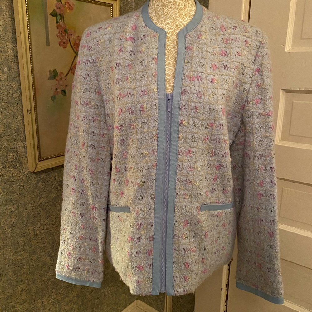 NWT Sigrid Olsen pastel Blue and Pink boucle Blazer jacket sz M floral checkered